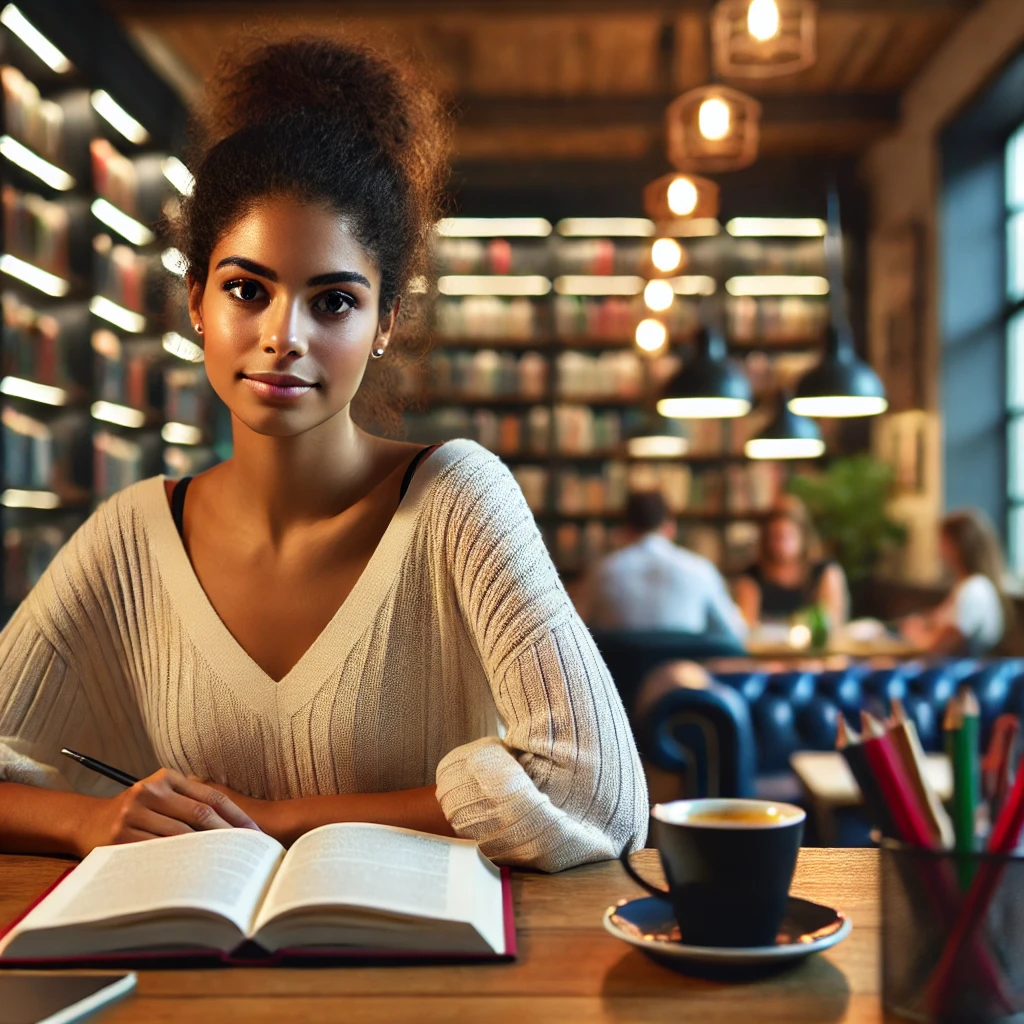 a diverse female social worker studying for an exam in a cozy and organized study environment