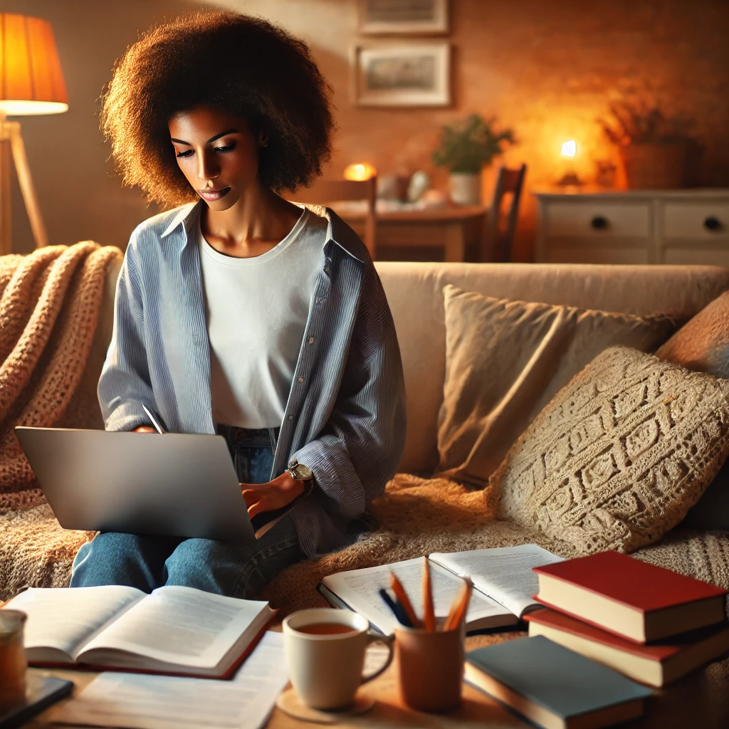 a diverse female social worker studying for an exam in a warm and cozy home environment