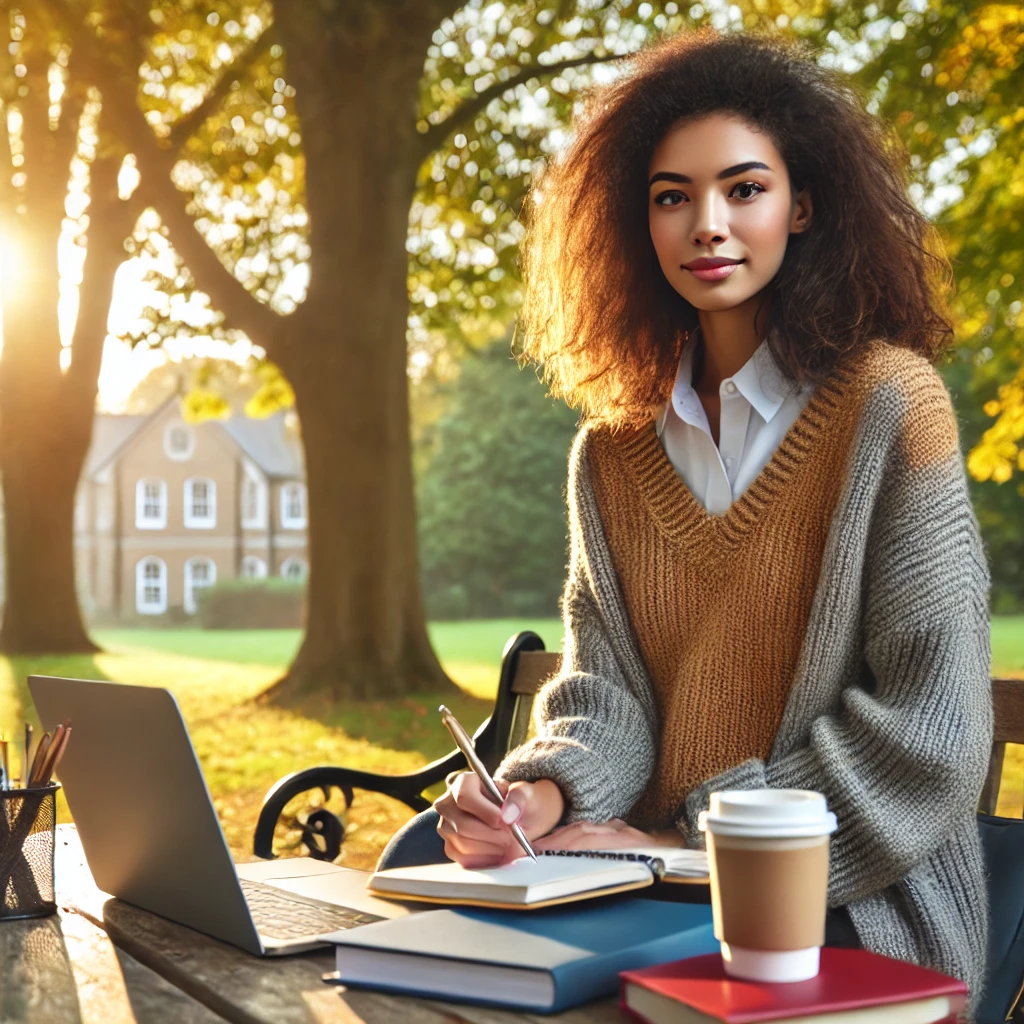a diverse female social worker studying for an exam in a peaceful outdoor setting.