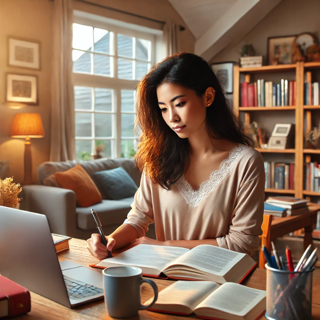 a diverse female Social Worker studying for an exam in a warm and cozy home office environment