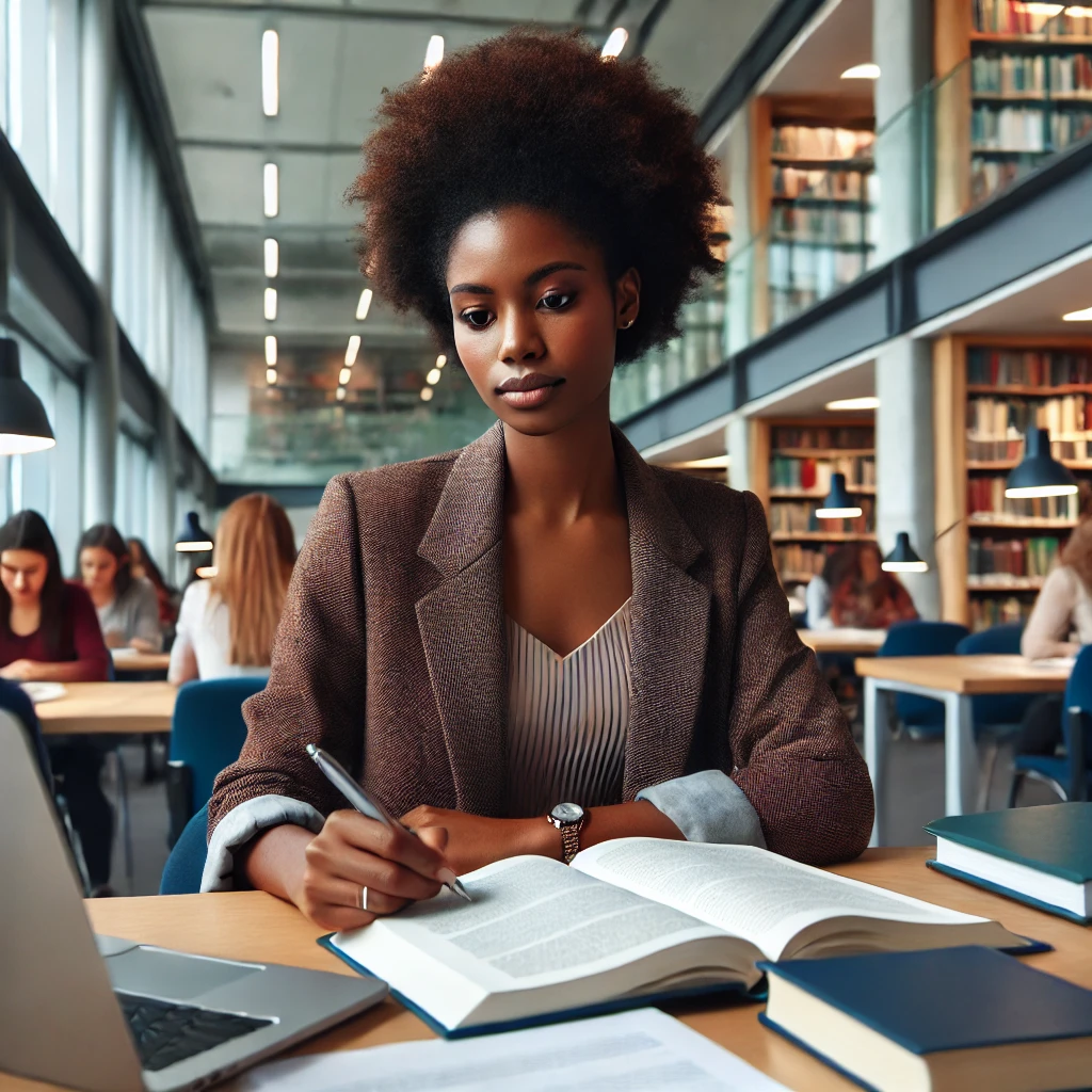 a Black female Social Worker studying for an exam in a modern library setting