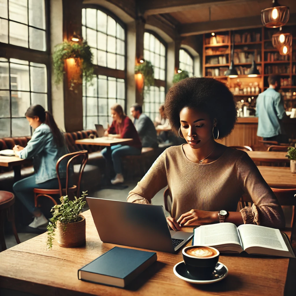 a Black female Social Worker studying for an exam in a cozy café setting