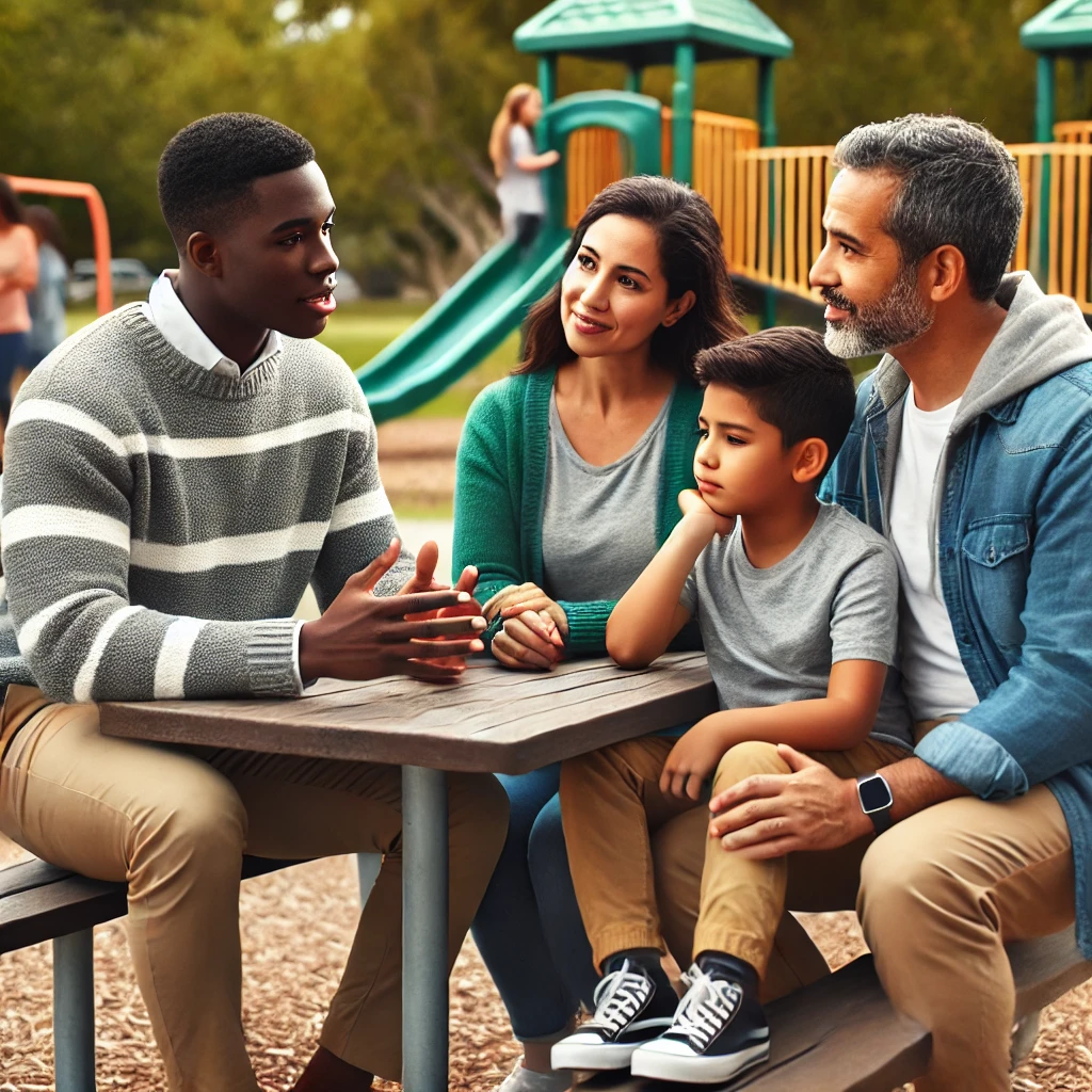 a compassionate social worker engaging with a diverse family in a welcoming outdoor park setting