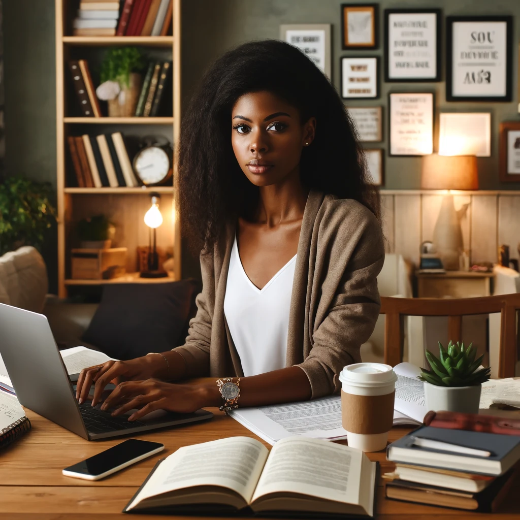 a Black female social worker studying in a cozy home office, surrounded by study materials and a warm, focused atmosphere