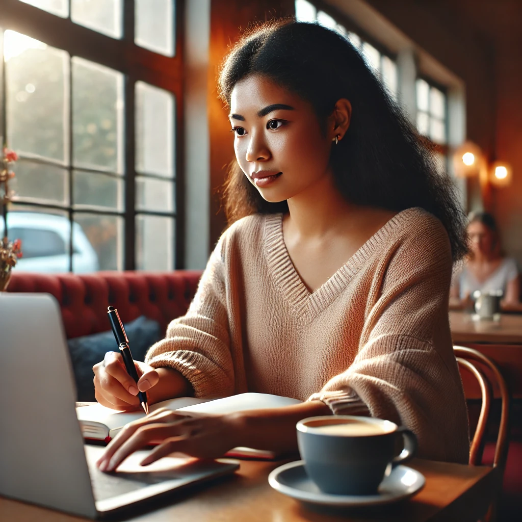 a diverse female social worker in a cozy café setting, working on her laptop and taking notes.