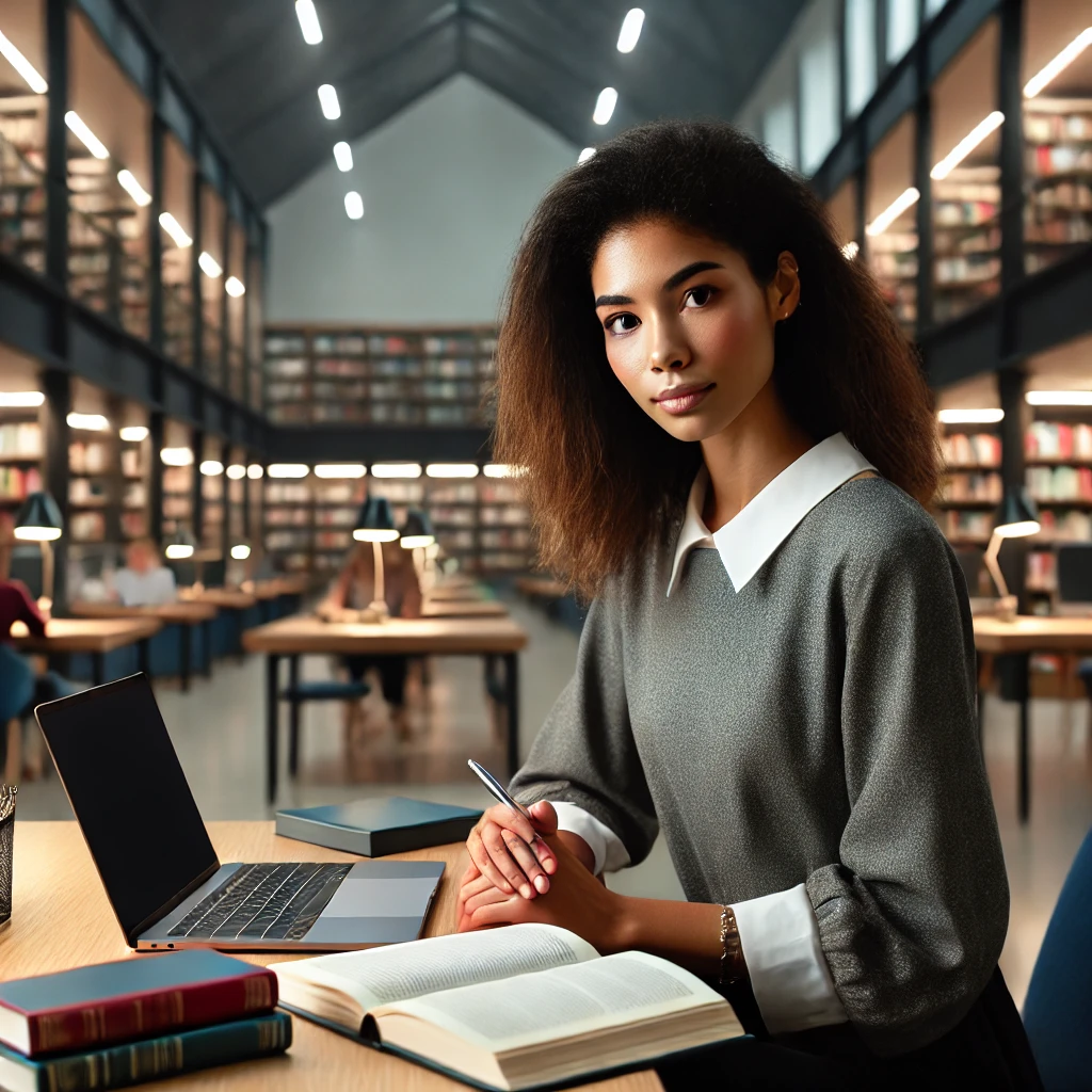 a diverse female social worker in a modern library setting, working on her laptop and taking notes