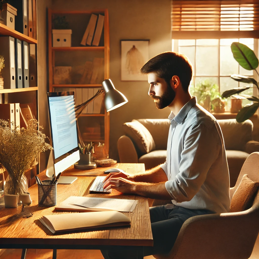 a therapist working on a computer in a warm, inviting office