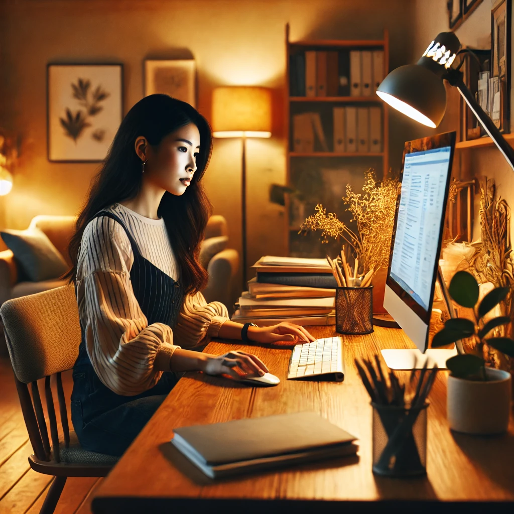  a diverse female therapist working on a computer in a warm, inviting office.