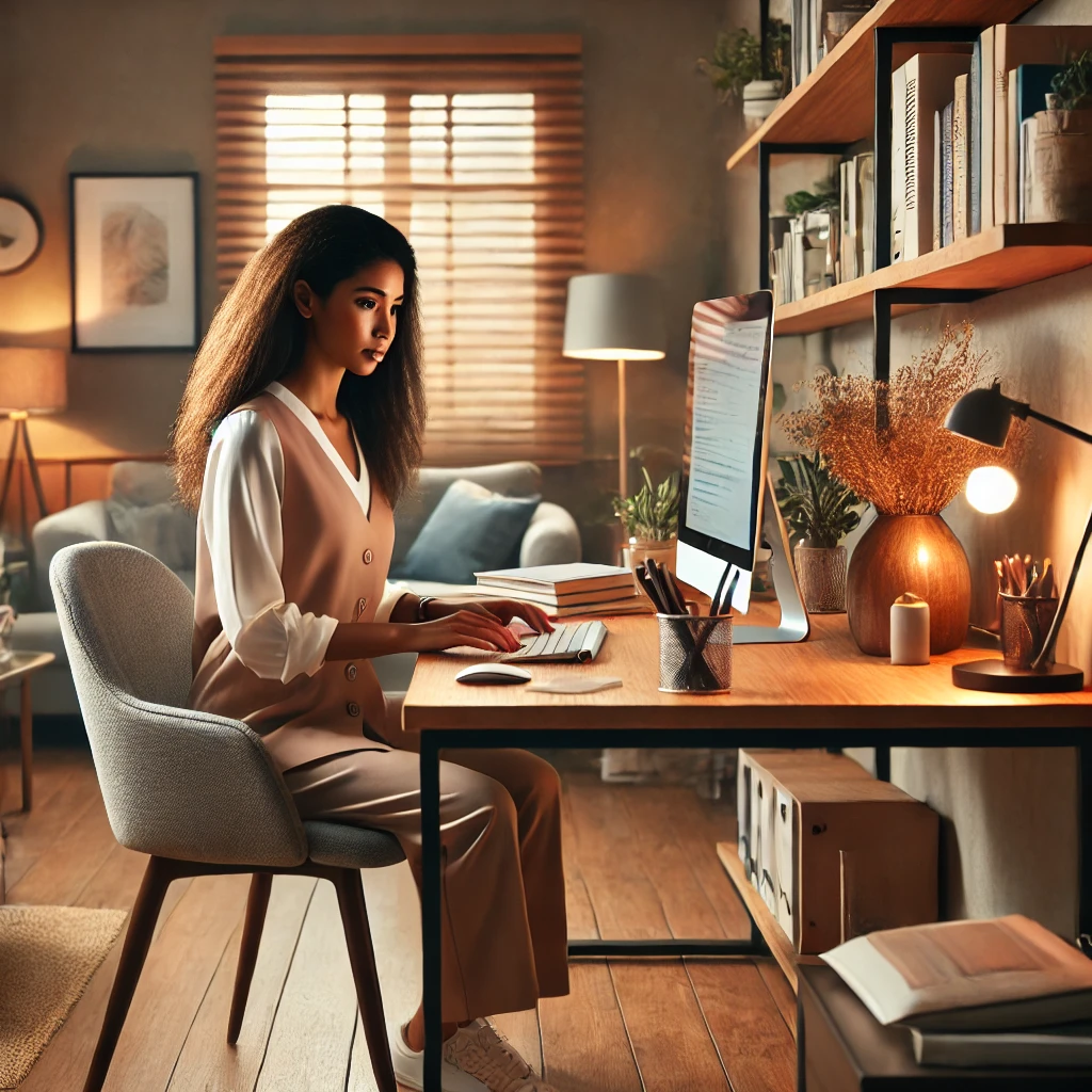  a diverse female therapist working on a computer in a warm, inviting office