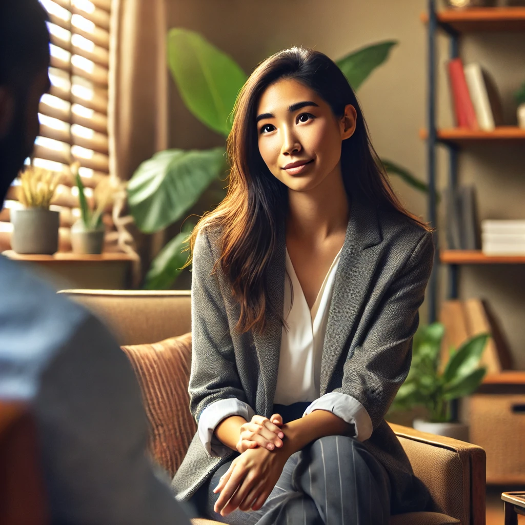 a diverse female therapist working with a client in a warm and professional office setting