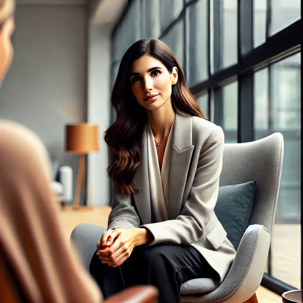 a diverse female therapist working with a client, this time in a modern, well-lit office setting