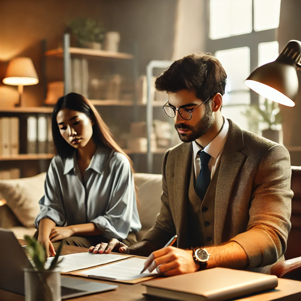  diverse therapist working alone at a desk in a warm and inviting office