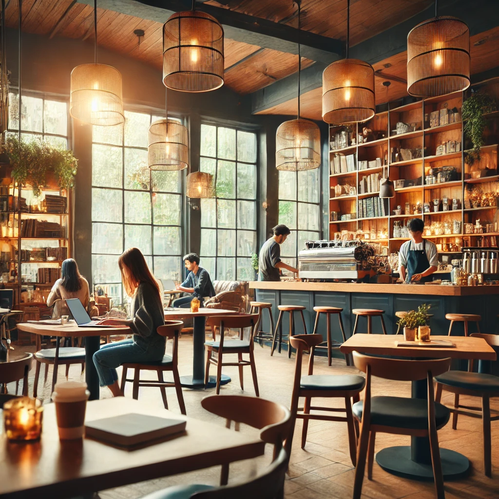 a cozy coffee shop designed for studying—complete with warm lighting, peaceful energy, and the perfect setup for productivity.