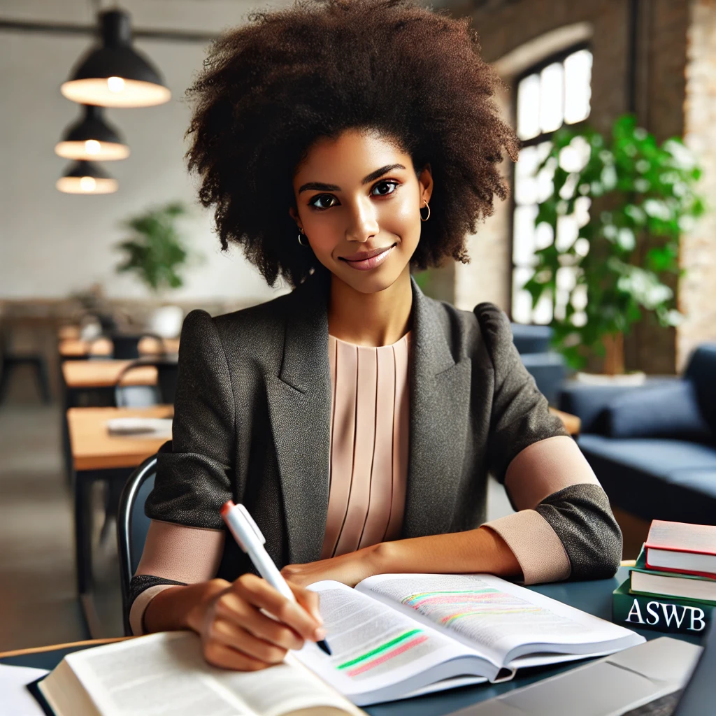 a confident Black female Social Worker studying in a calm, focused environment—ready to take on the ASWB exam
