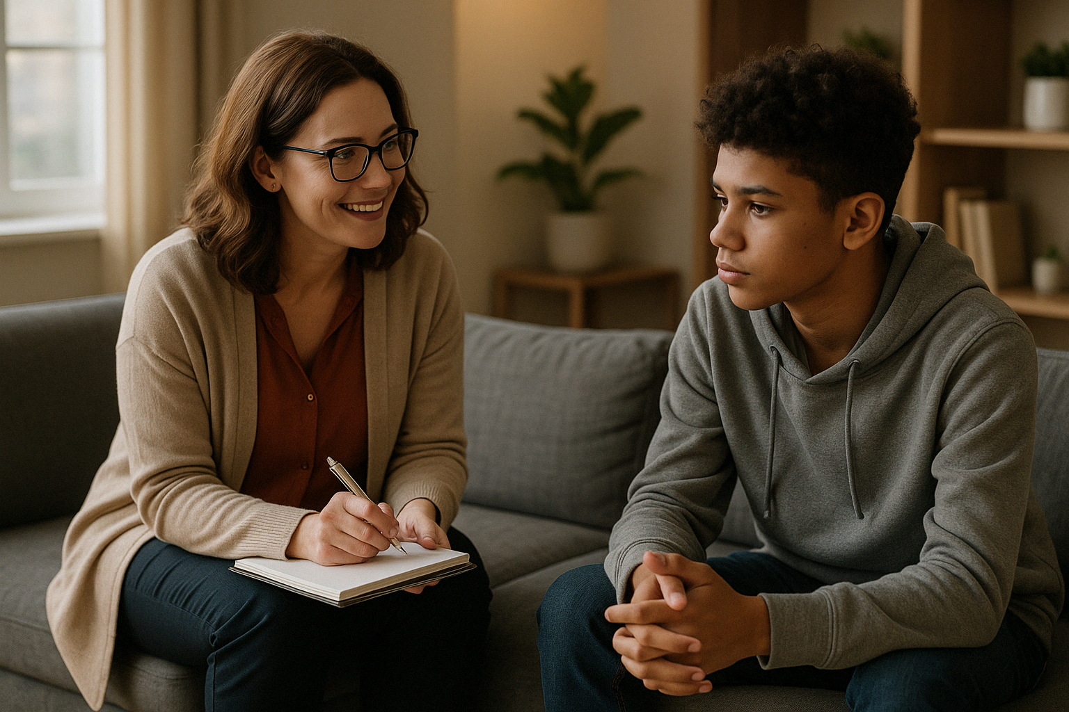 social worker working with a teen client in a warm safe modern office