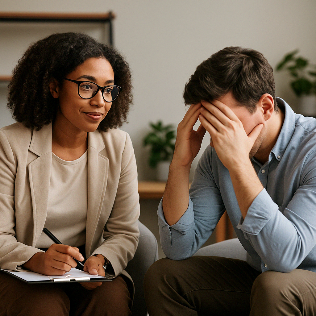 a diverse social worker working with a stressed client in a different office setting