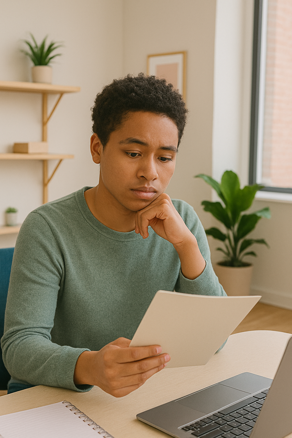 a diverse social worker reviewing client notes in a modern friendly accessible and casual office and contemplating