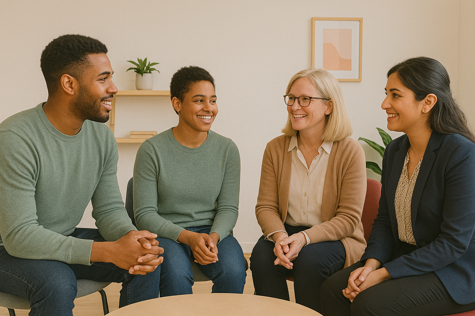 a diverse group of social workers talking in a warm office together