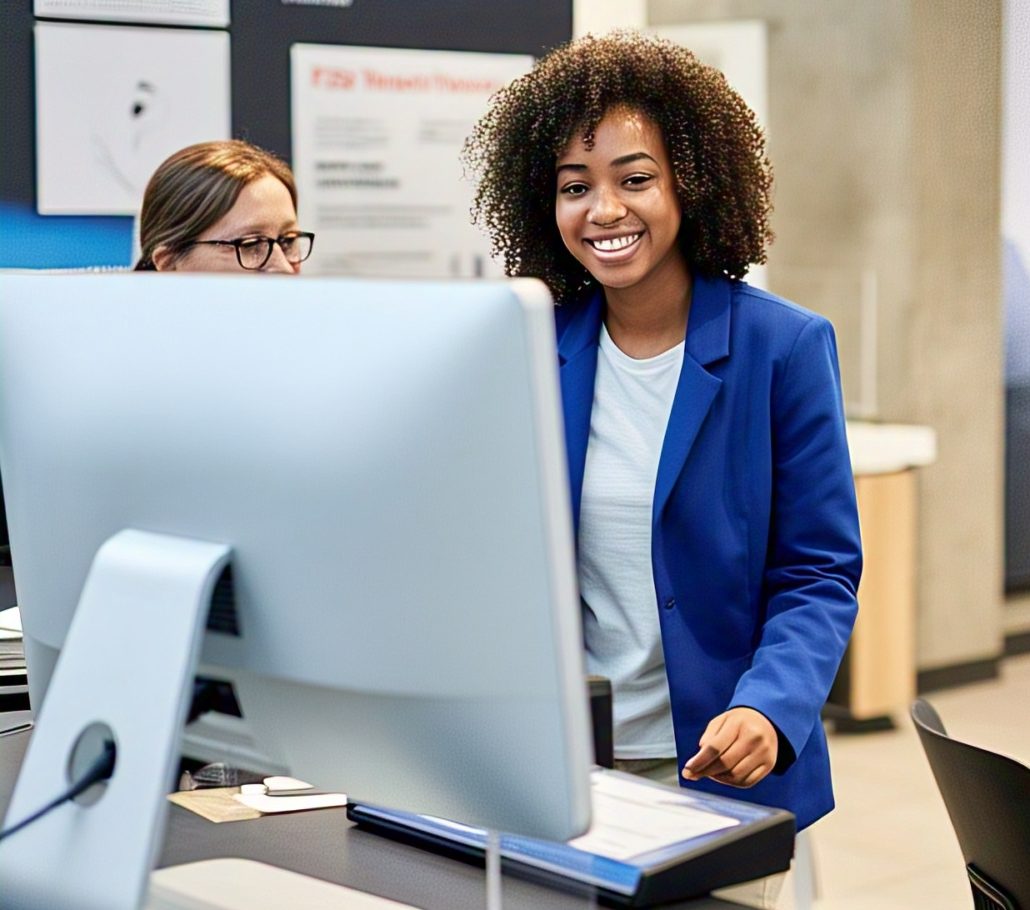 a confident diverse younger social worker walking into a testing center and greeting the front desk staff