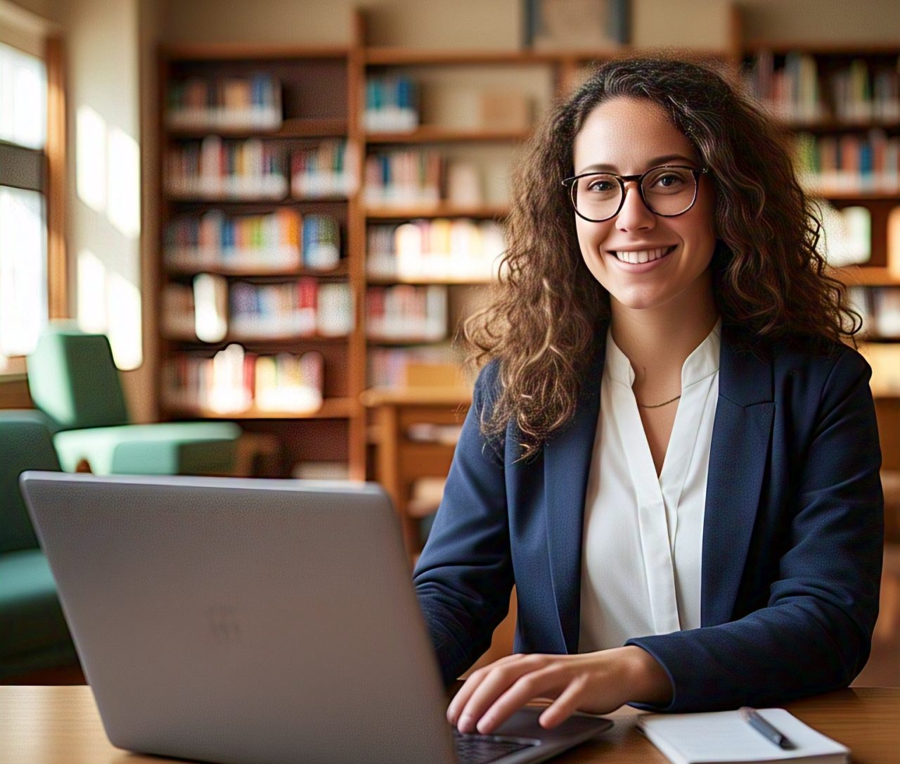 a confident studying social worker in a warm library setting with a laptop