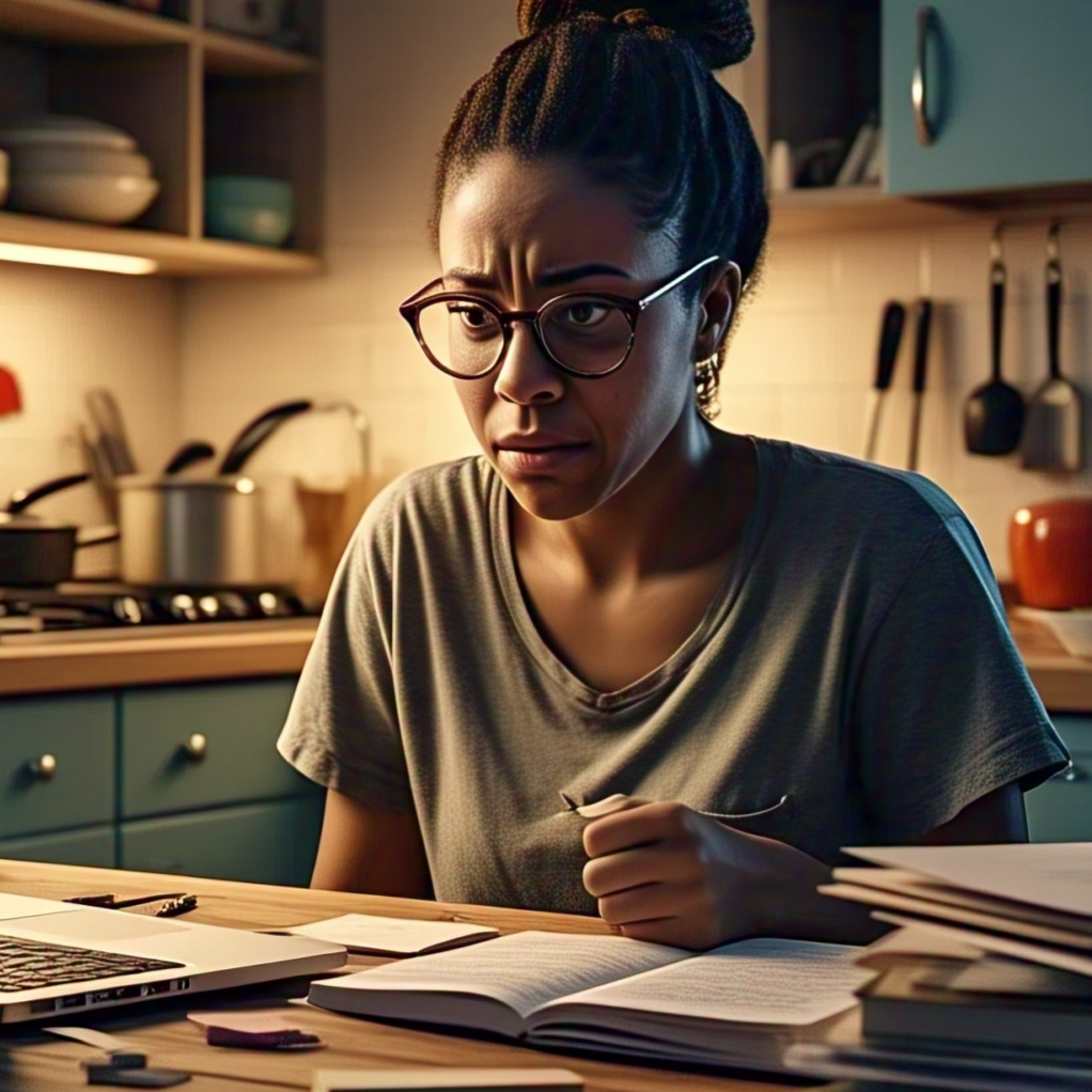 A diverse <35 year old social worker studying at home while trying to also manage cooking dinner and just got back from their work day. They should be a little stressed looking.