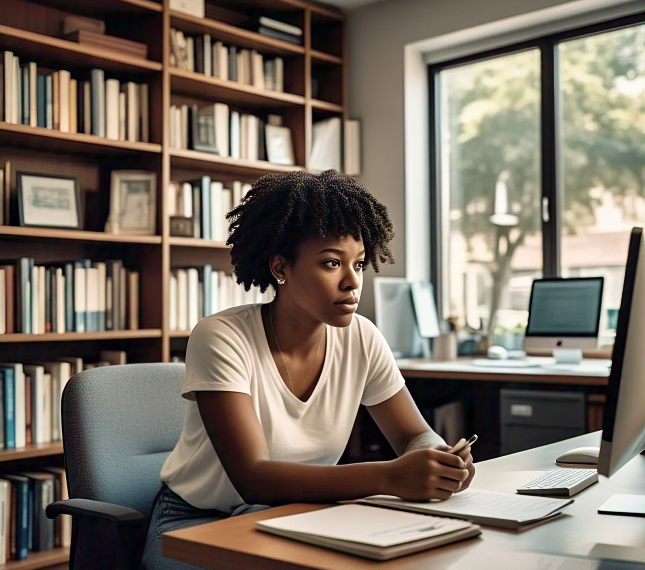 diverse younger social worker studying