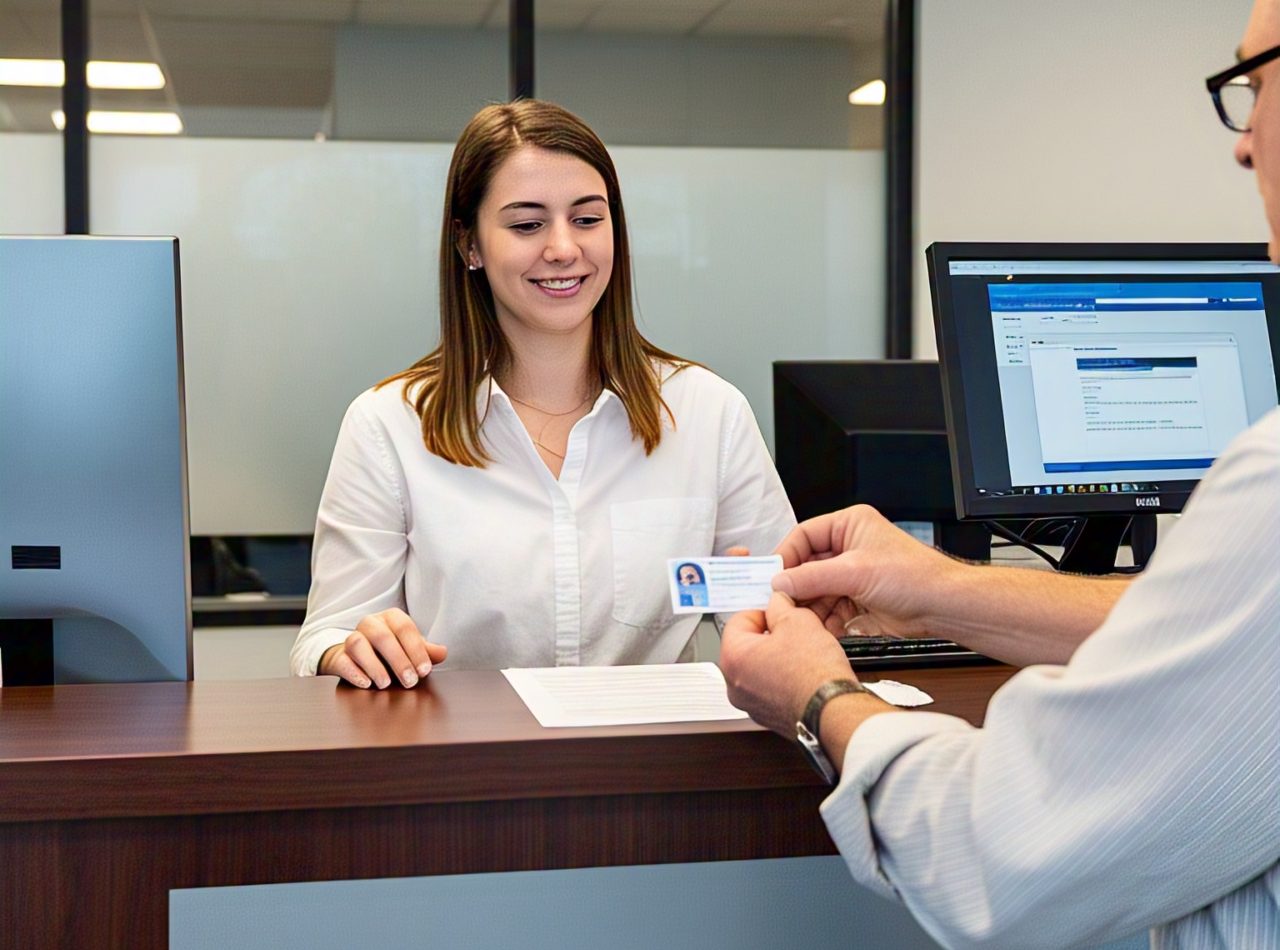 test taker providing an ID at a testing center