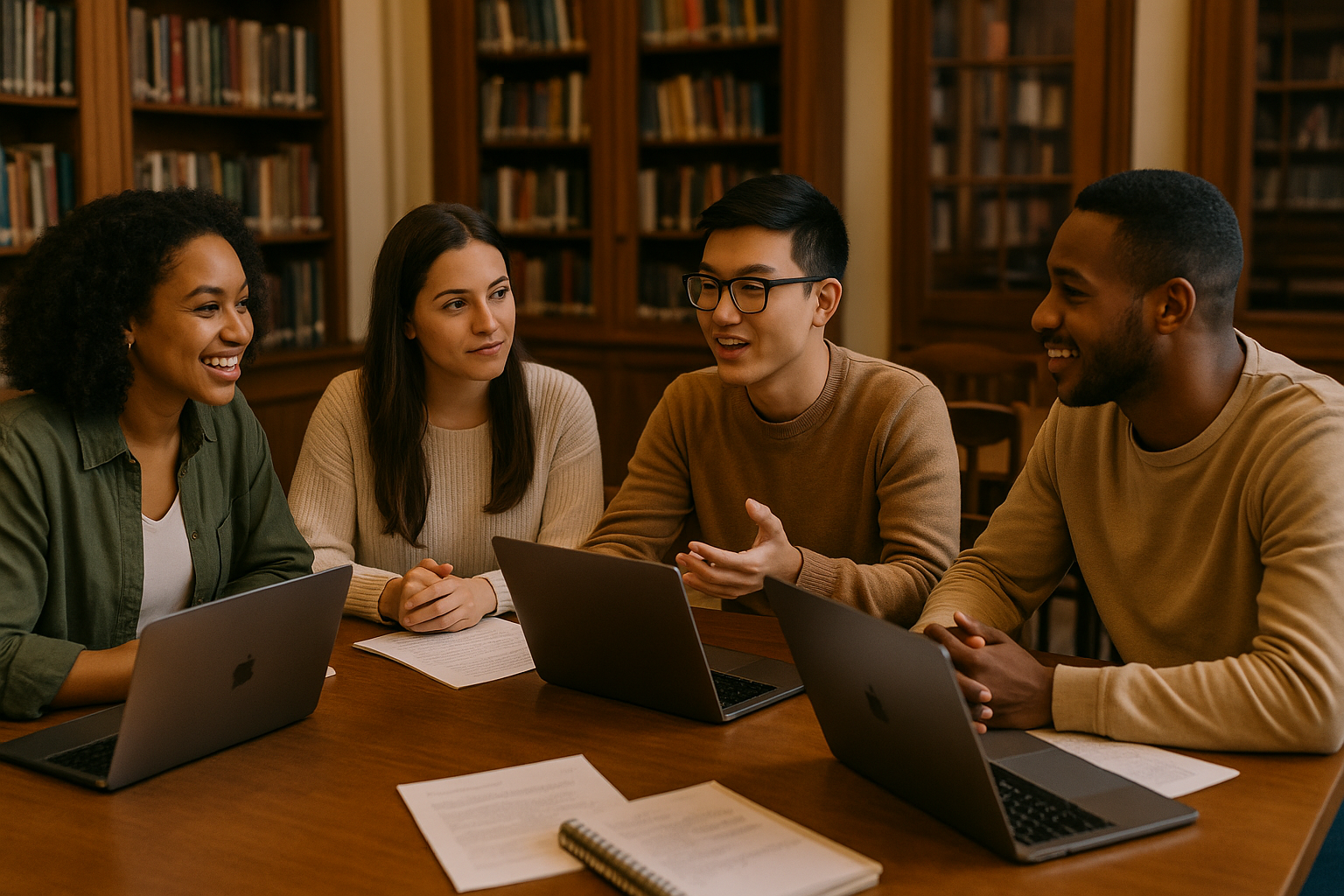 a diverse small study group in a warm library setting with discussion and laptops open