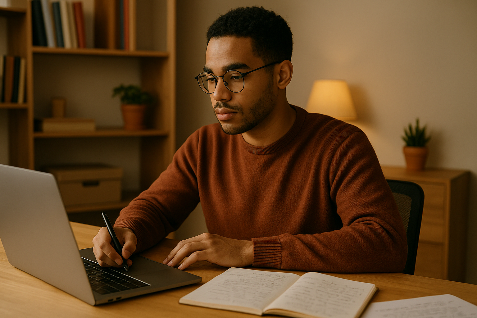 a solo studier in a warm home office setting in front of a laptop with notes on the desk