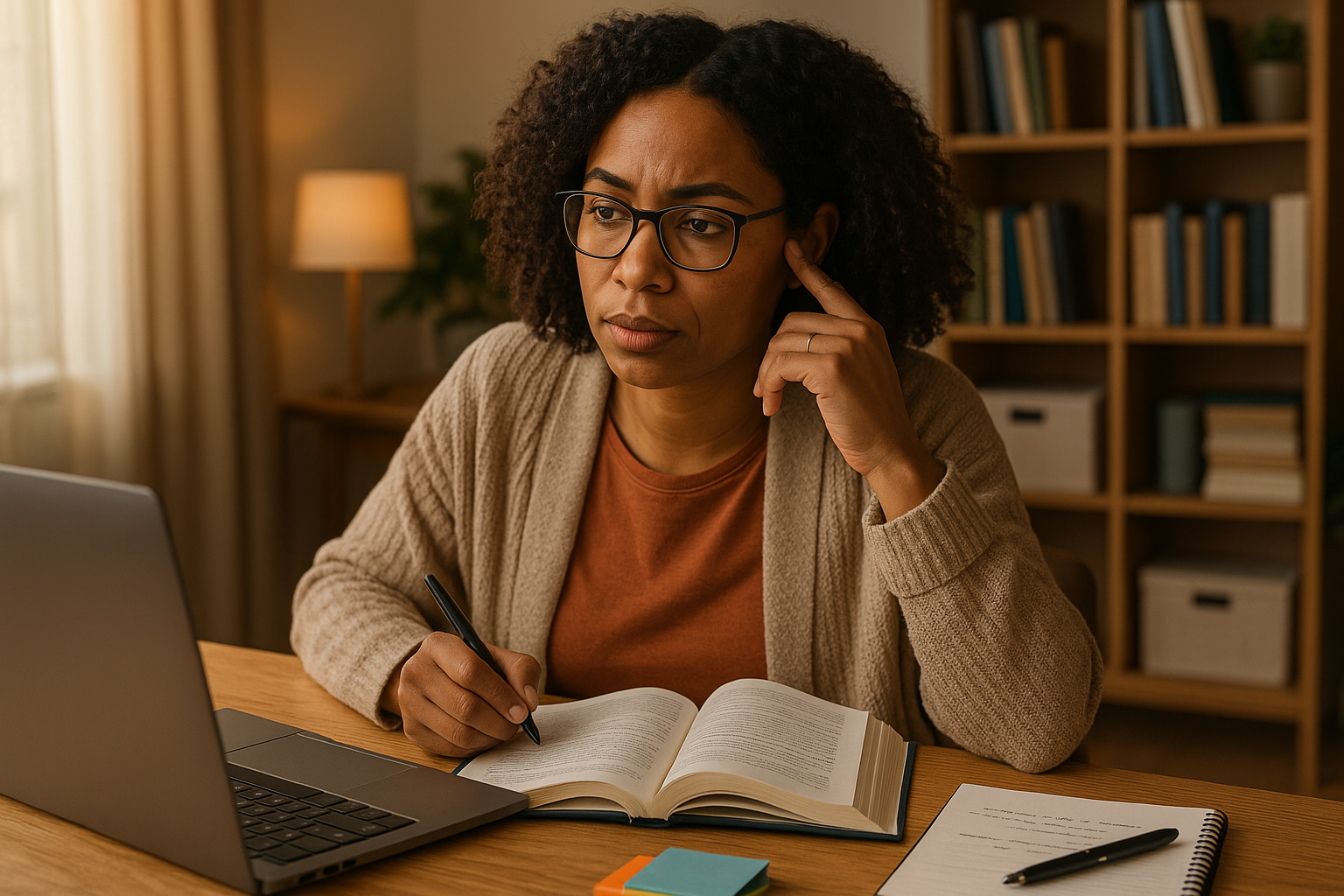 diverse social worker studying and thinking in a home office warm in front of computer