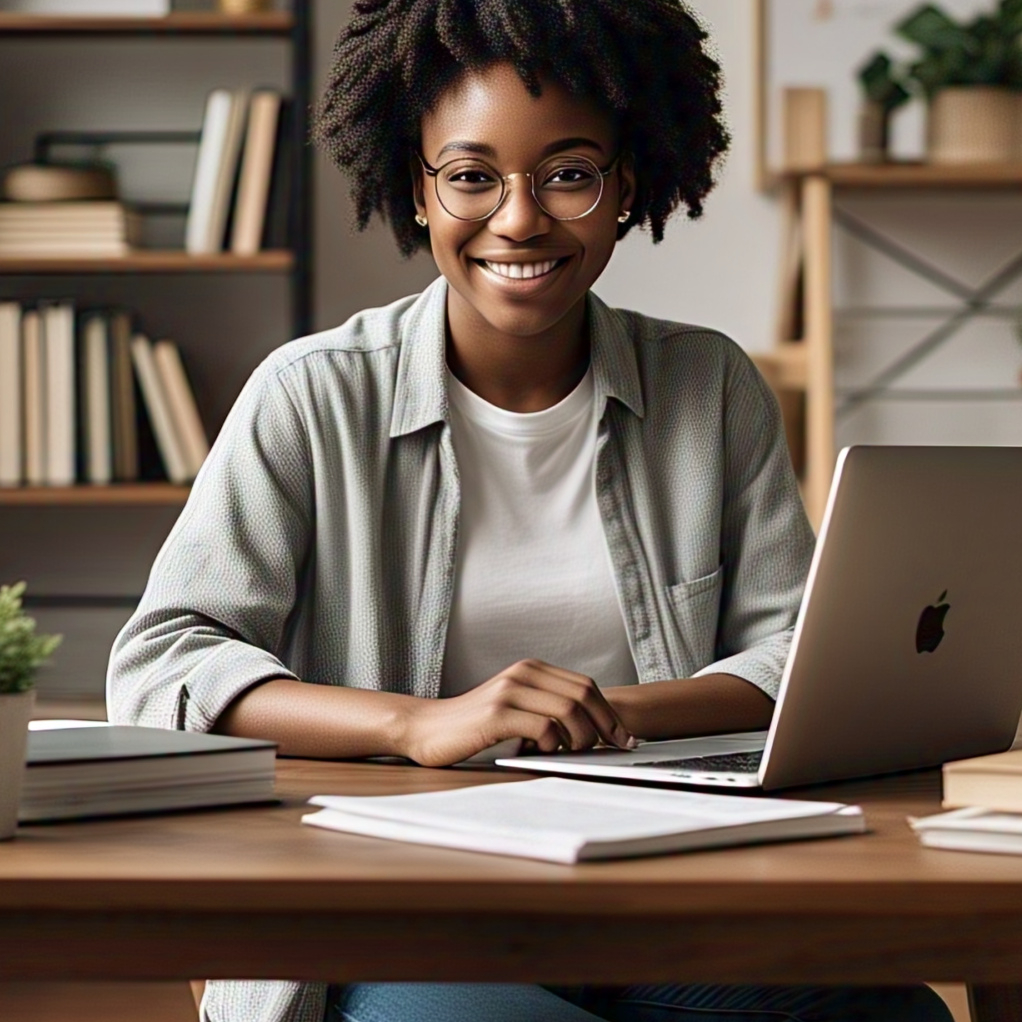 a diverse mental health professional sitting behind a laptop in a warm and interesting office.