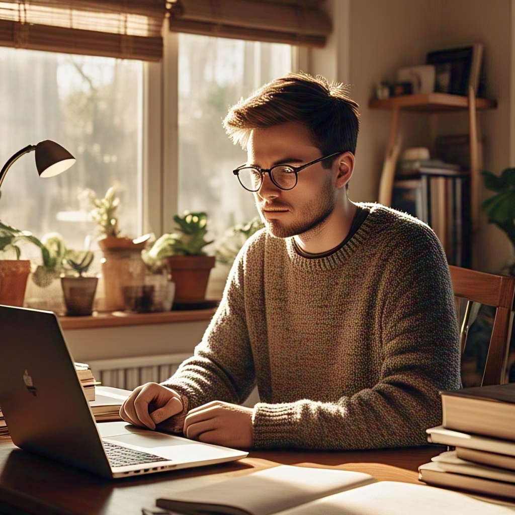 a solo studier in a warm home office setting in front of a laptop with notes on the desk