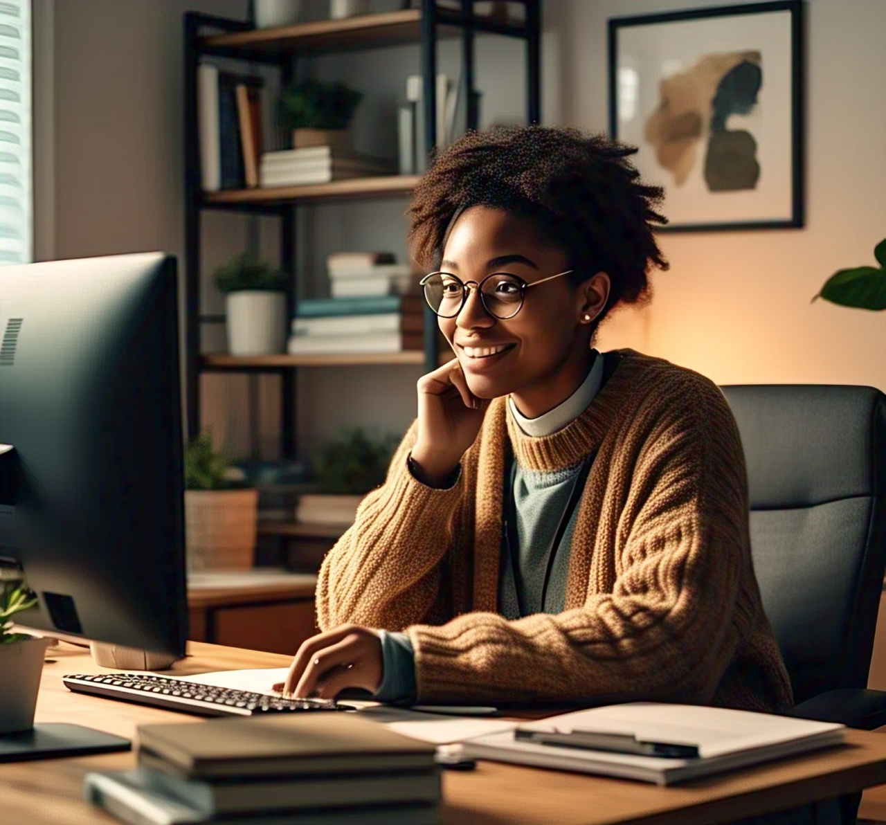 diverse social worker studying and thinking in a home office warm in front of computer