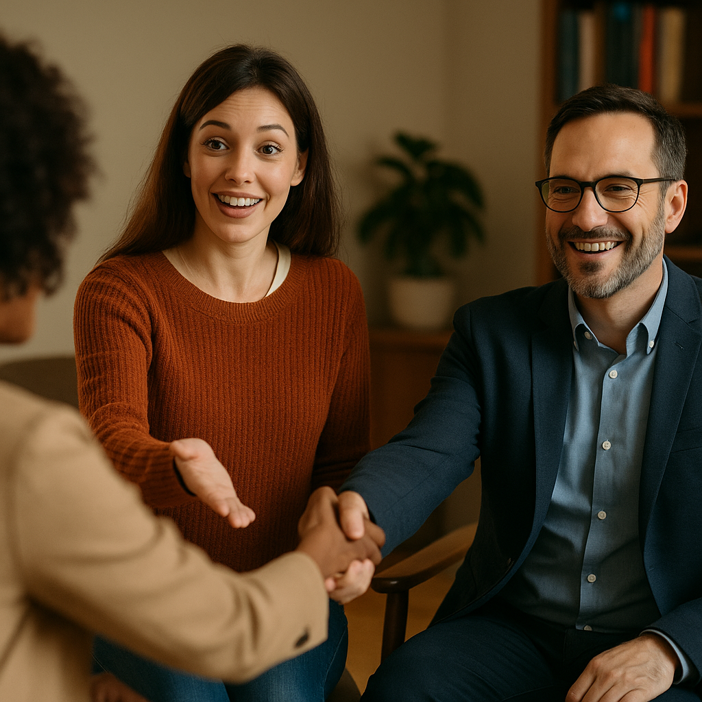 a therapist introducing a client to another mental health provider in a friendly welcoming way