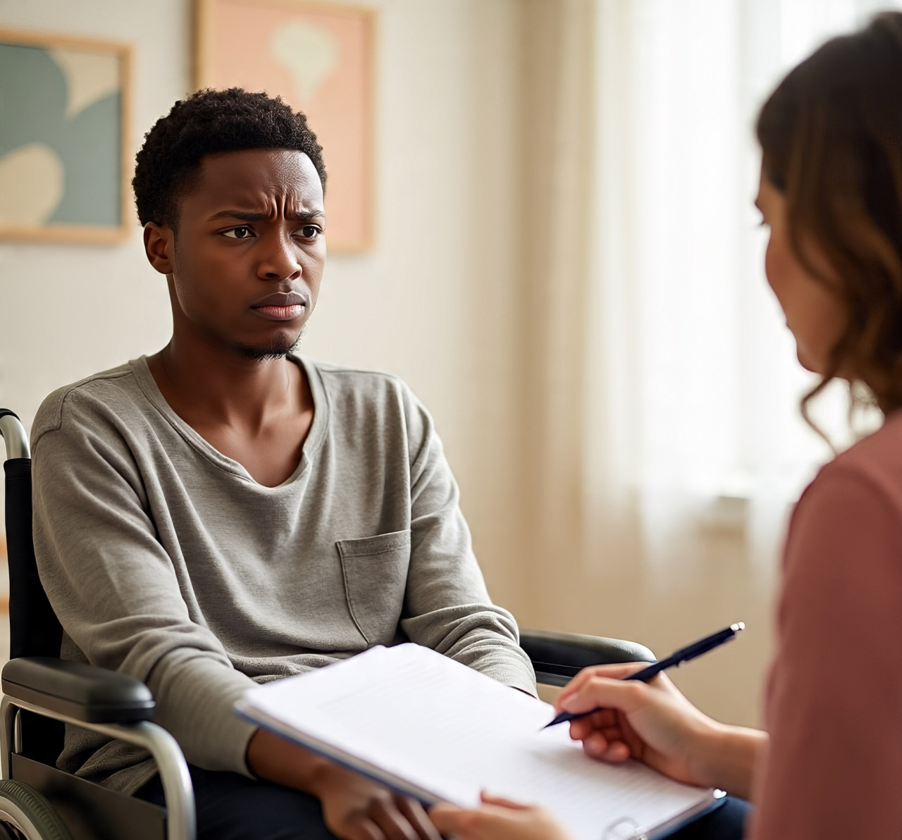 a person in a wheelchair frustrated with a therapist in a warm environment