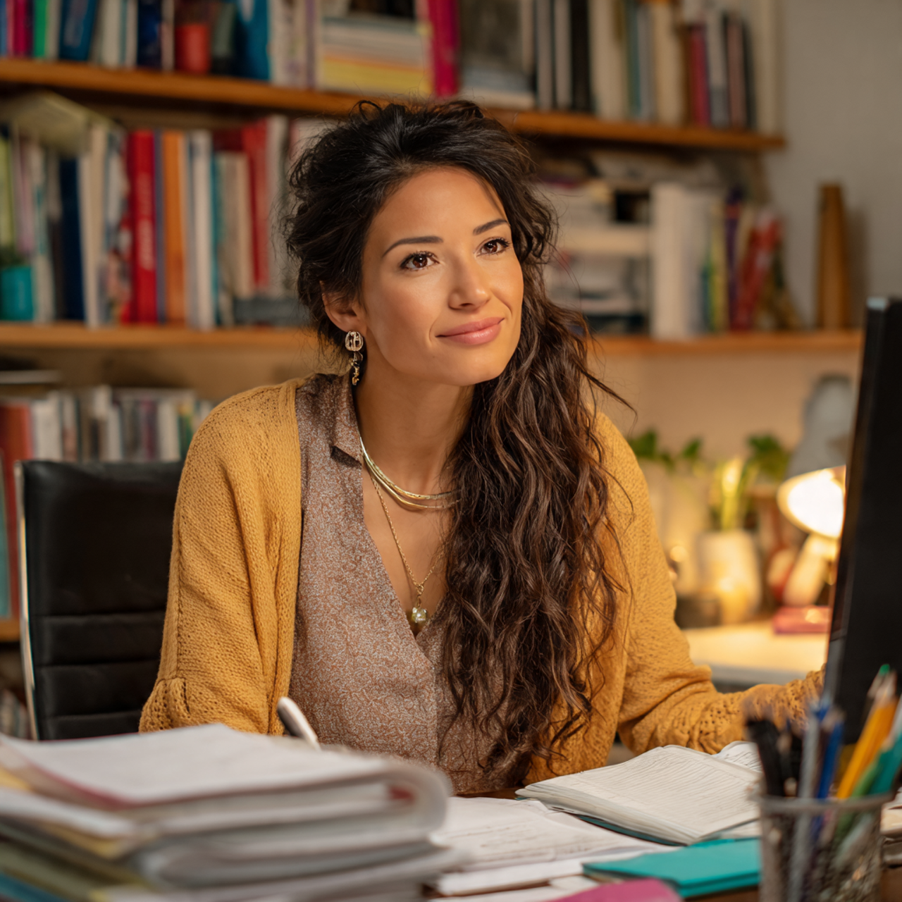 a hispanic 30 something social worker studying for an exam in a warm home office in front of a computer