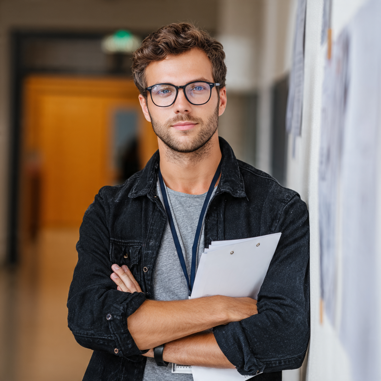 a confident 20 something male social worker entering a testing center ready to take an exam