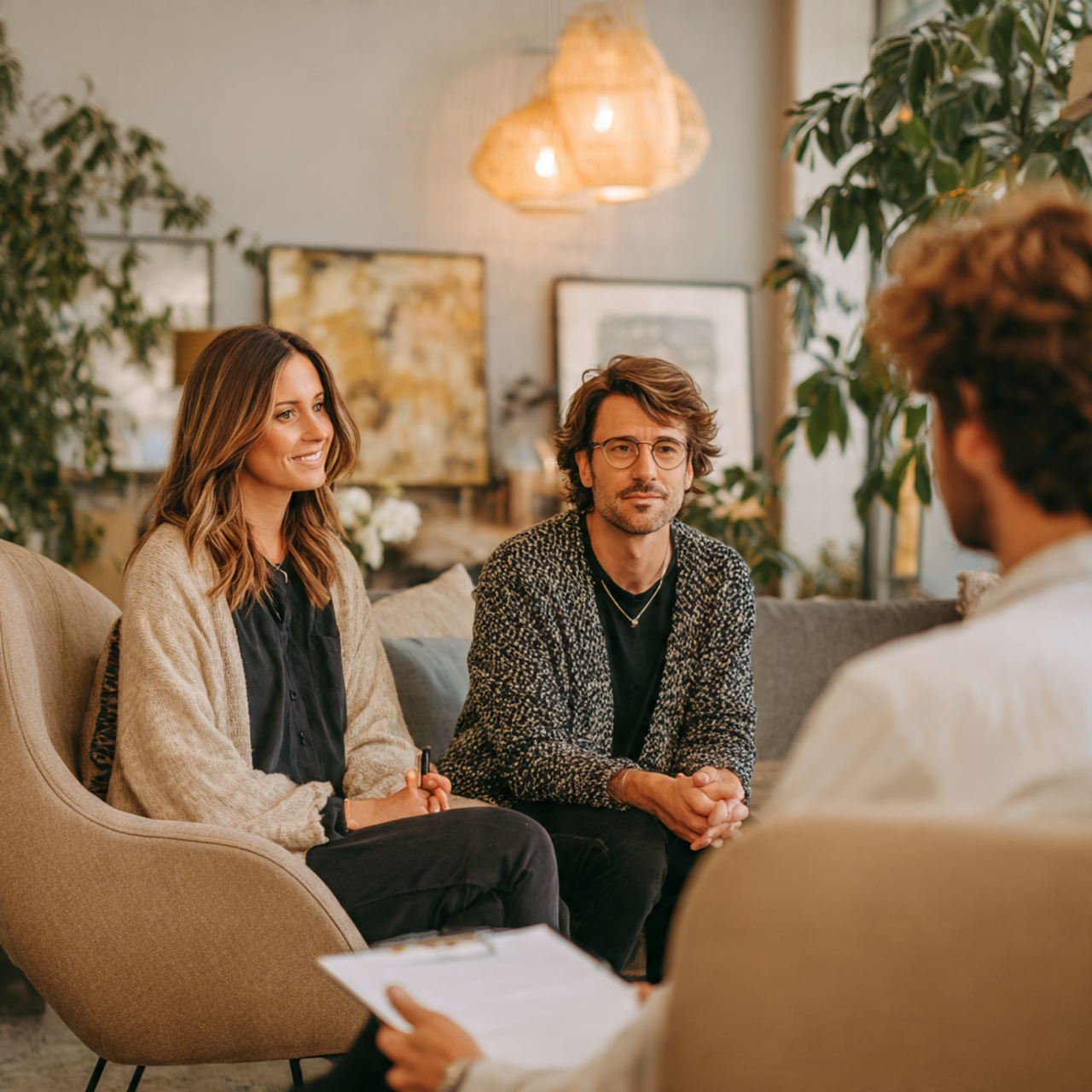 a marraige and family therapist working with clients in a warm office setting