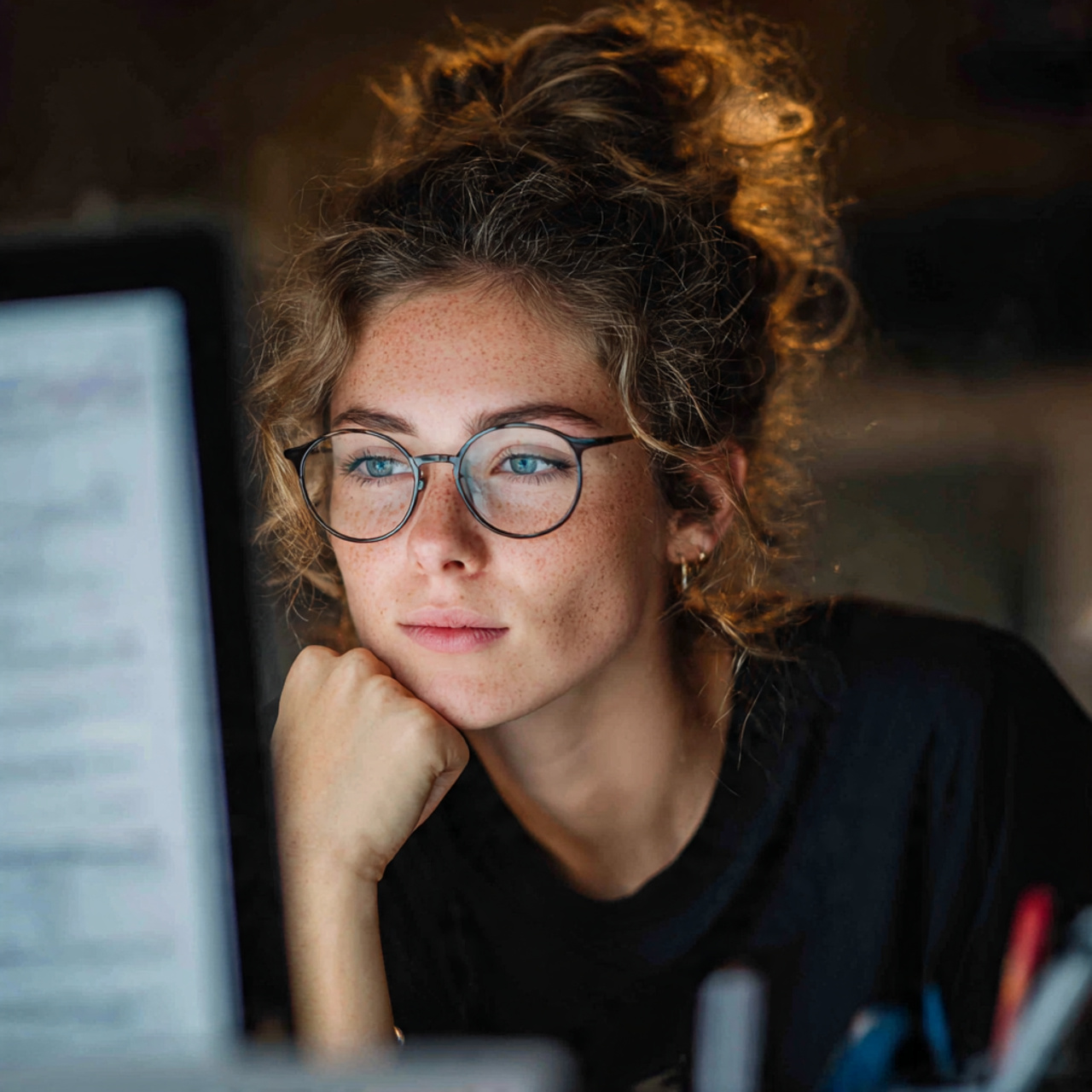 social worker studying in front of a computer
