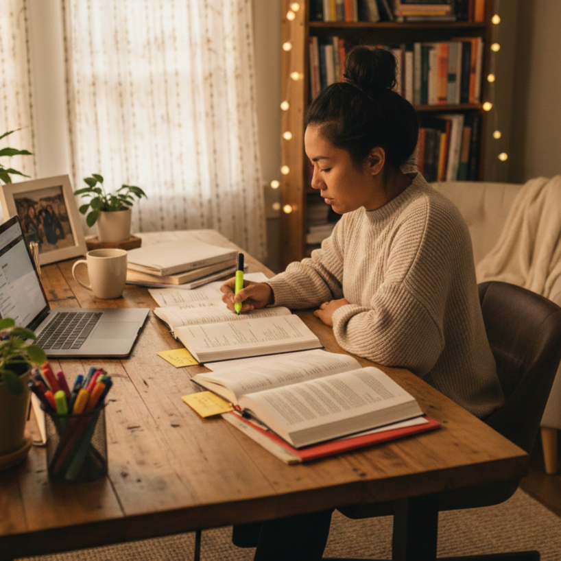 a diverse social worker studying for an exam in a warm home office setting