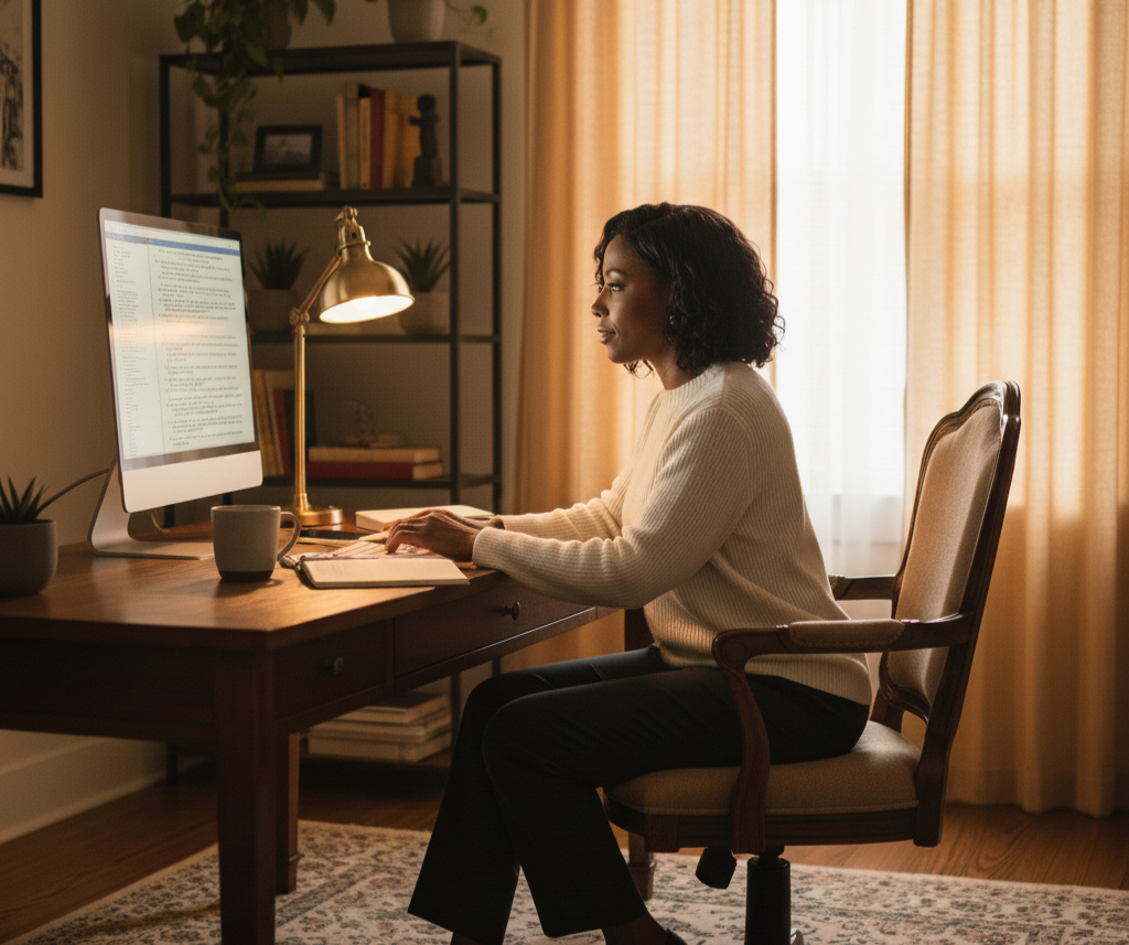 a picture of a confident 30 something black woman studying in front of a computer in a warm office setting