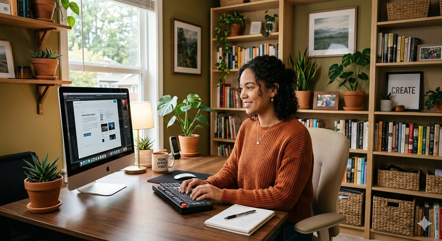 a diverse 20 something woman sitting in front of a computer in a warm, orderly home office