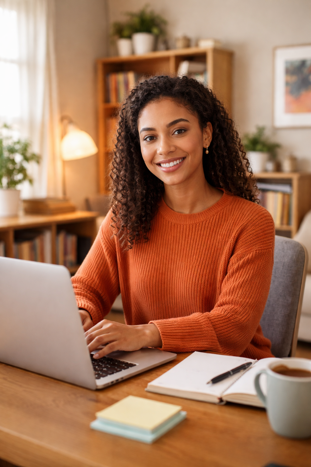 a diverse 20 something woman sitting in front of a computer in a warm, orderly home office