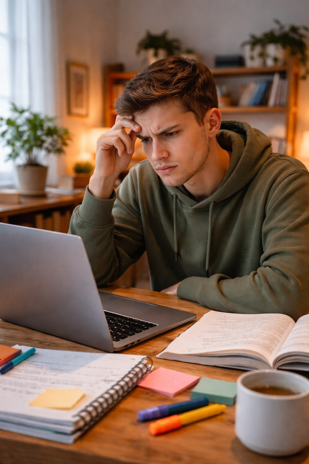 a male student who is 20 something studying in a home office looking a little confused by a laptop computer