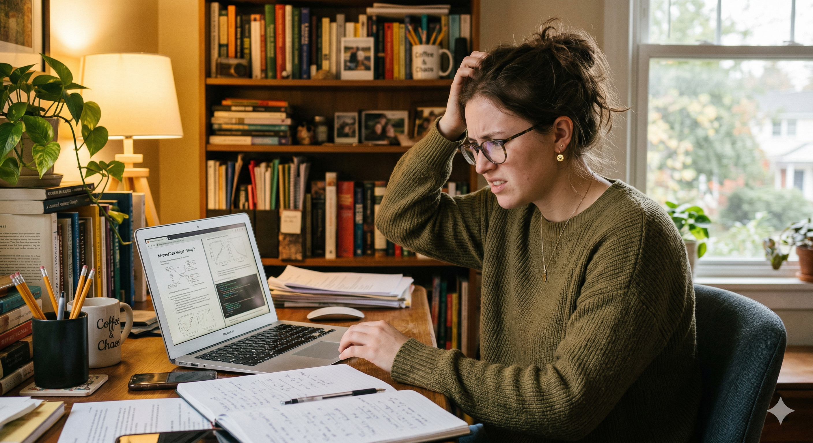  a student who is 20 something studying in a warm home office looking a little confused by a laptop computer