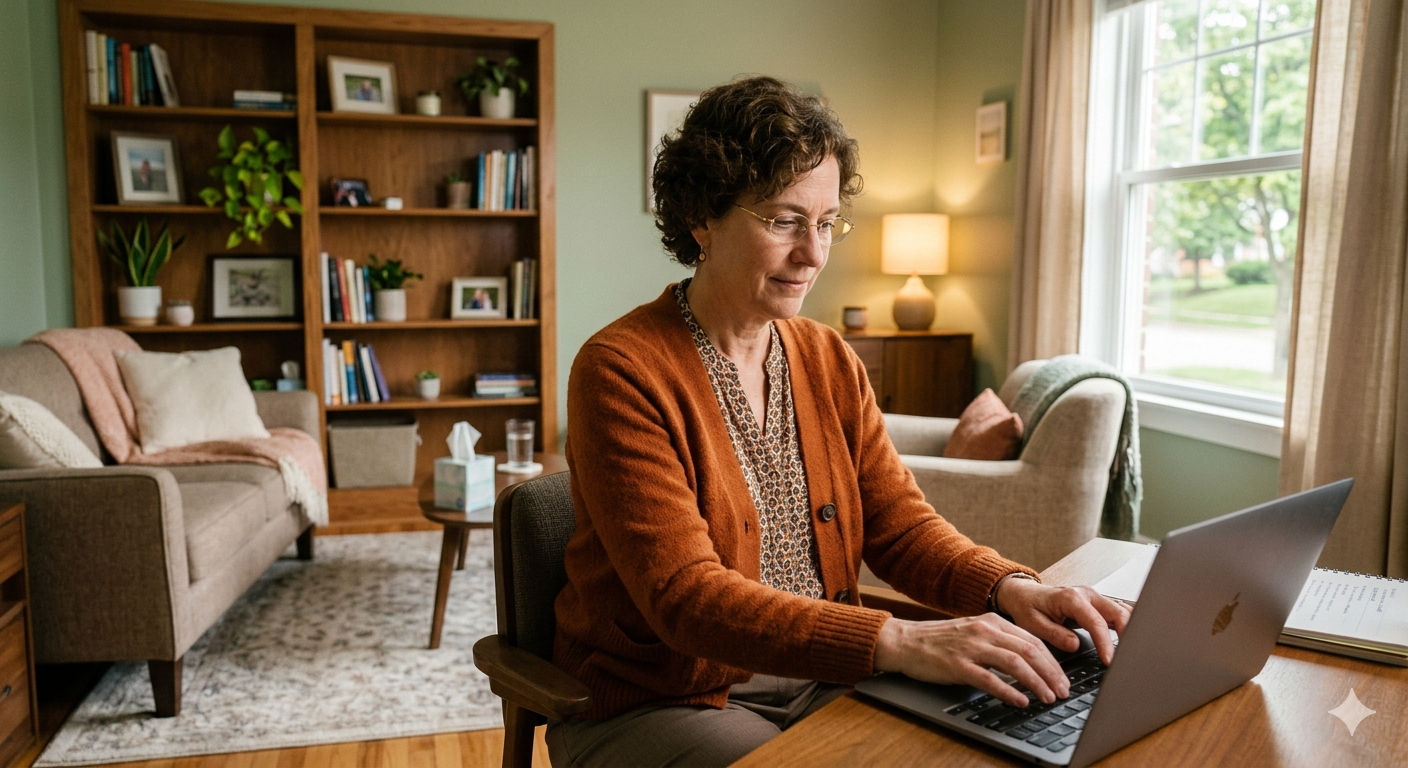 a therapist typing notes on a computer in a warm calm office