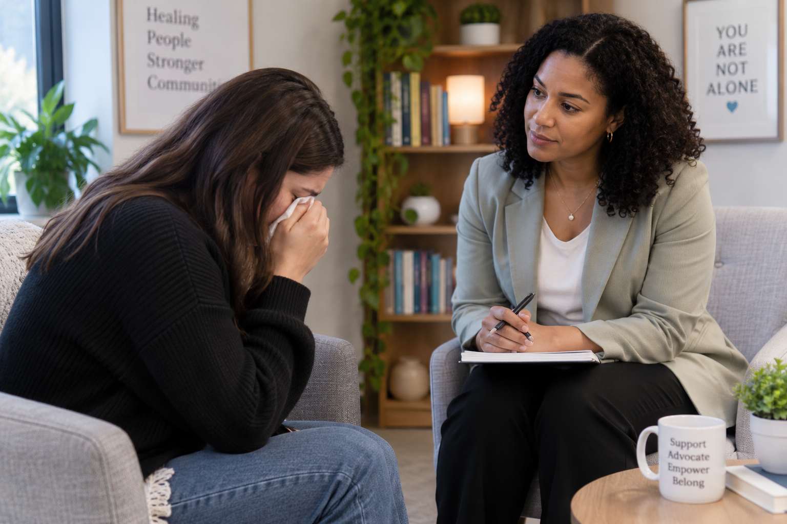 a diverse therapist counseling a client who is experiencing grief and loss