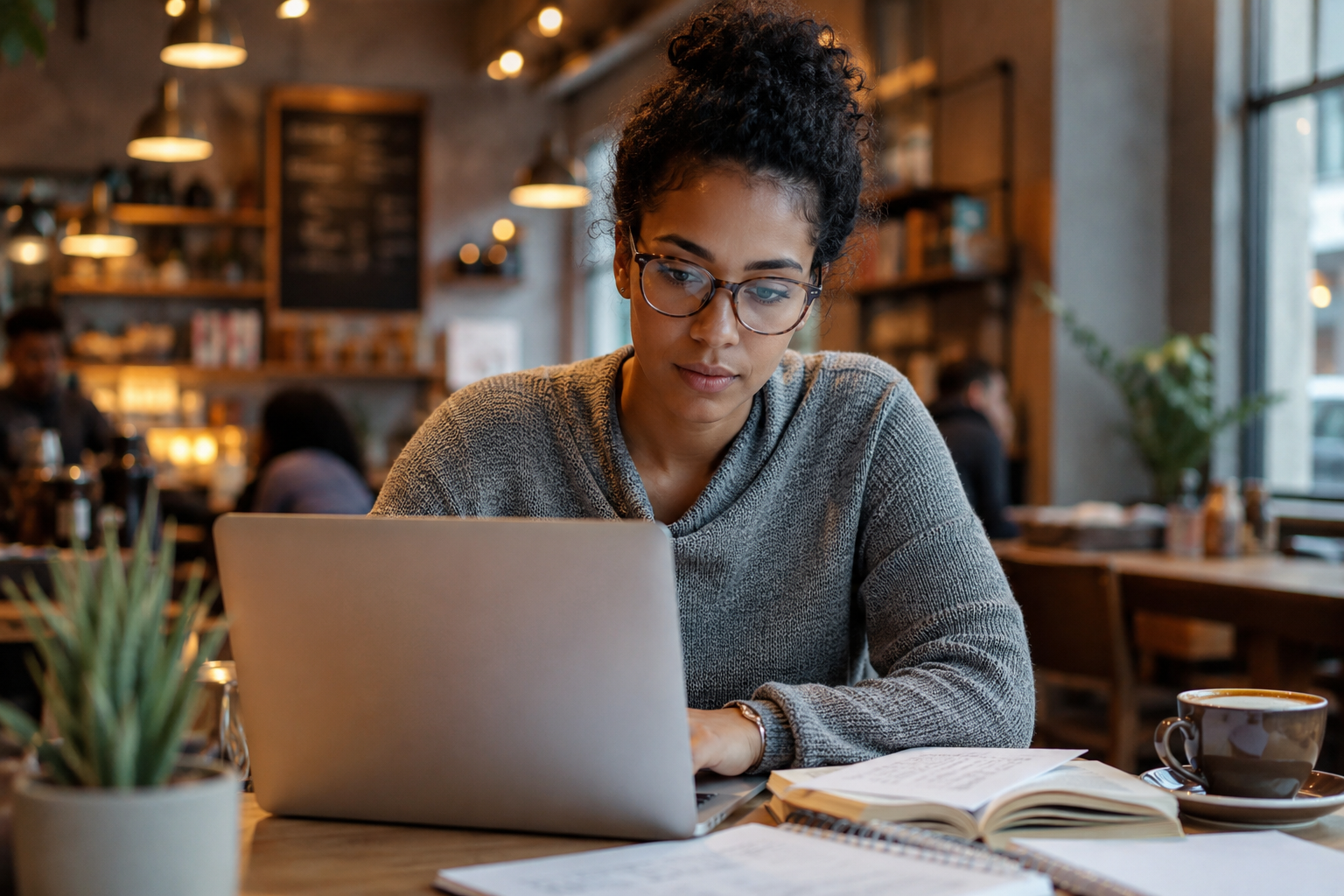 diverse 30-something person studying in a warm coffee shop environment behind a computer photorealistic