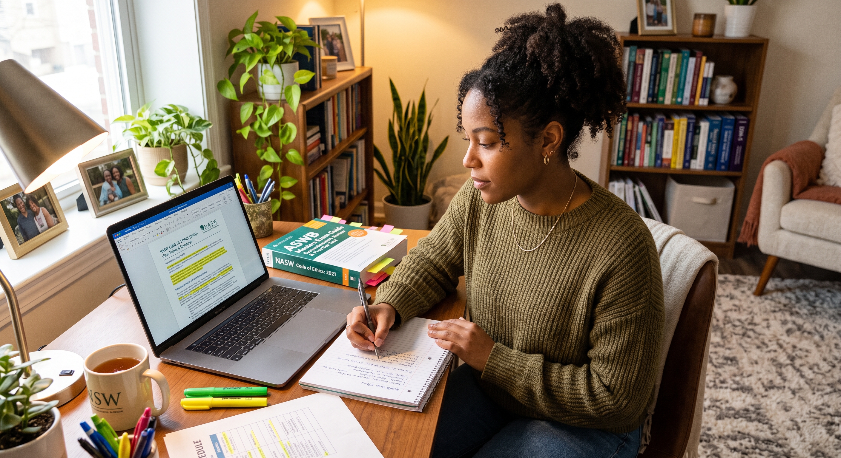 studying NASW code of ethics for ASWB exam, diverse student in a warm home study setting with a laptop photorealistic