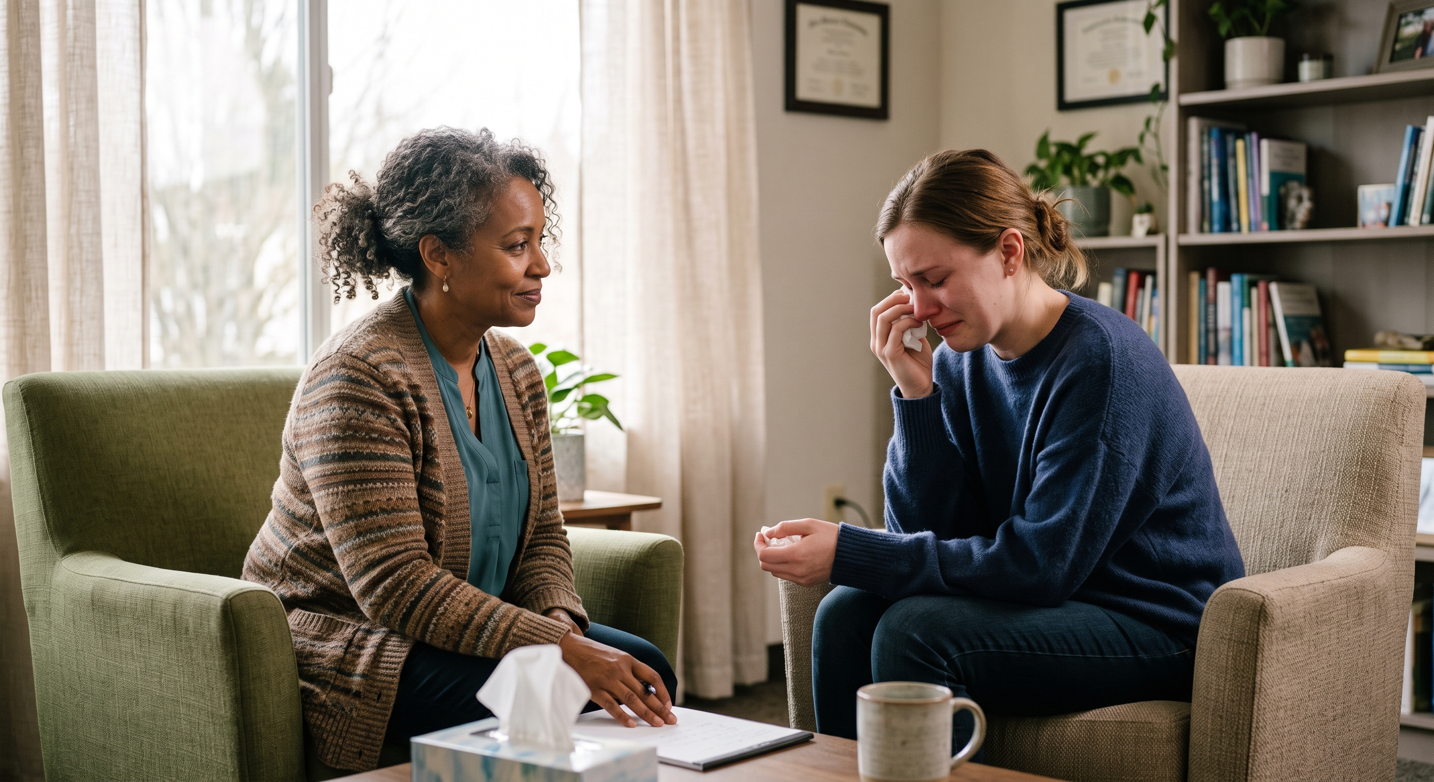 a diverse therapist counseling a client who is experiencing grief and loss